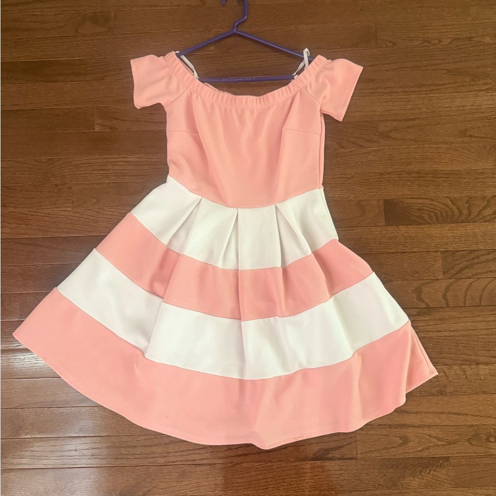 Pink and White Off-Shoulder Dress